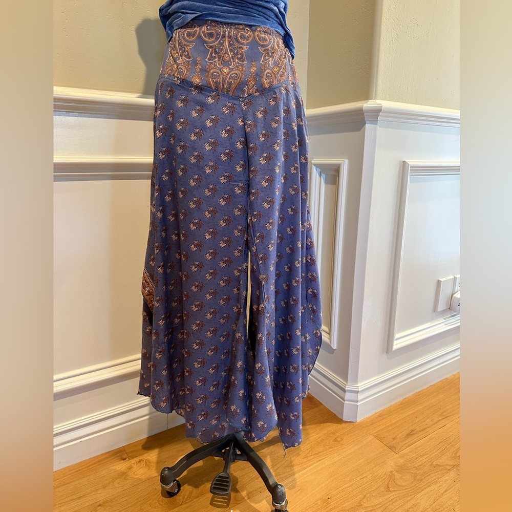 Boho Blue Printed Wide-Leg Flutter Pants